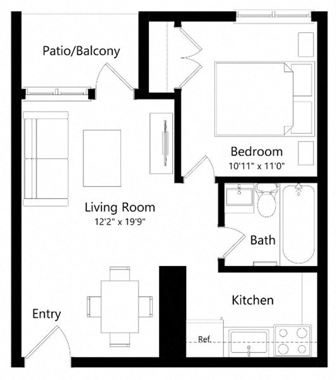 Floor plan for 1 bed, 1 bath, 636 sqft